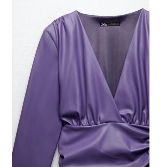 ZARA WOMEN NEW FAUX LEATHER DRESS SHORT Draped PURPLE 2134/322 S M - Picture 6 of 10